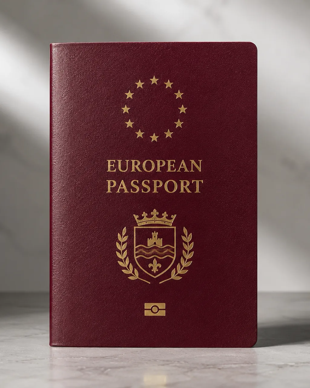 Passaporte europeu sobre mesa de mármore